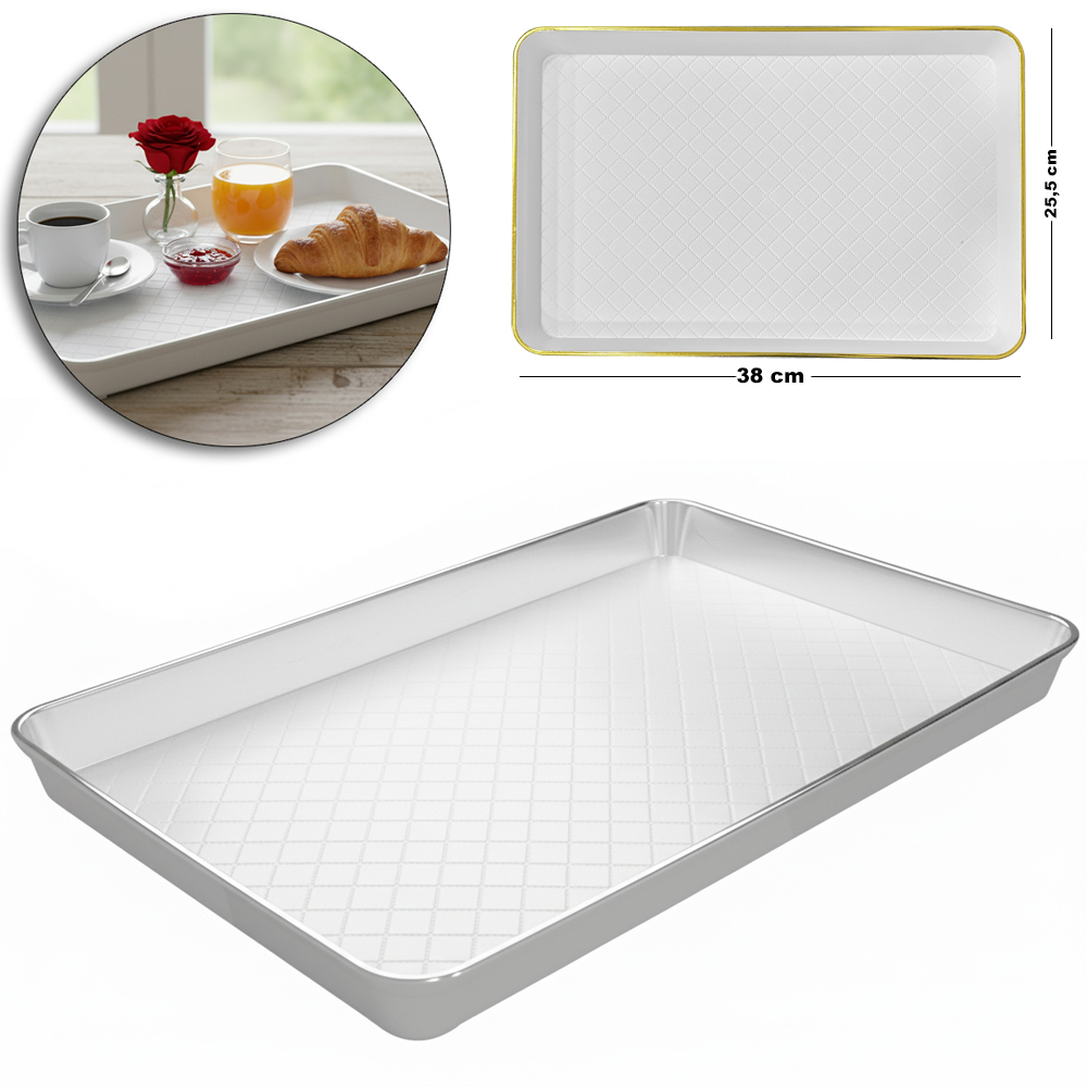 BANDEJA DE PLASTICO RETANGULAR COM BORDA DOURADA / PRATA 38X25,5X3CM