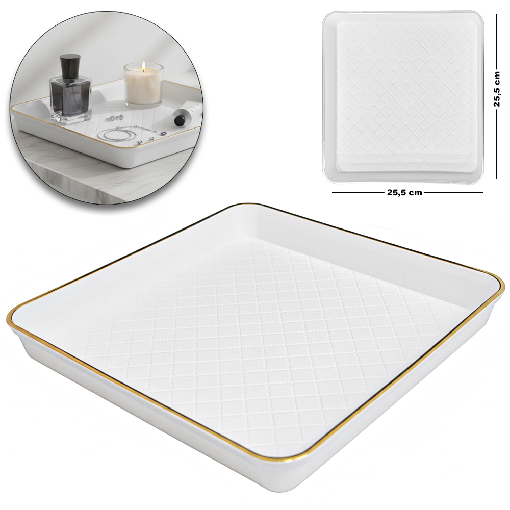 BANDEJA DE PLASTICO QUADRADA COM BORDA DOURADA / PRATA 25,5X3CM