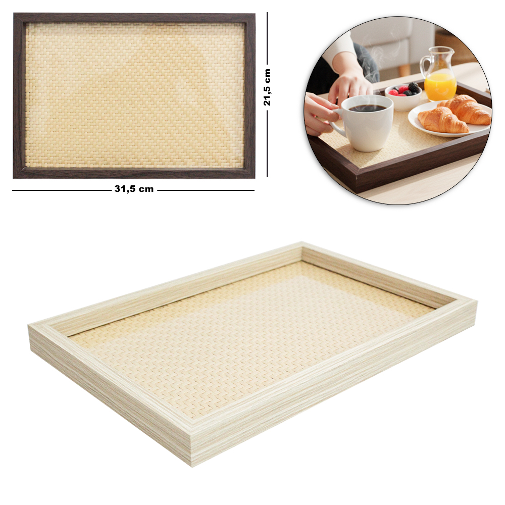 BANDEJA DE MADEIRA MDF COM FUNDO DE VIDRO E RATTAN RETANGULAR DECORATIVA 31,5X21,5X2,5CM