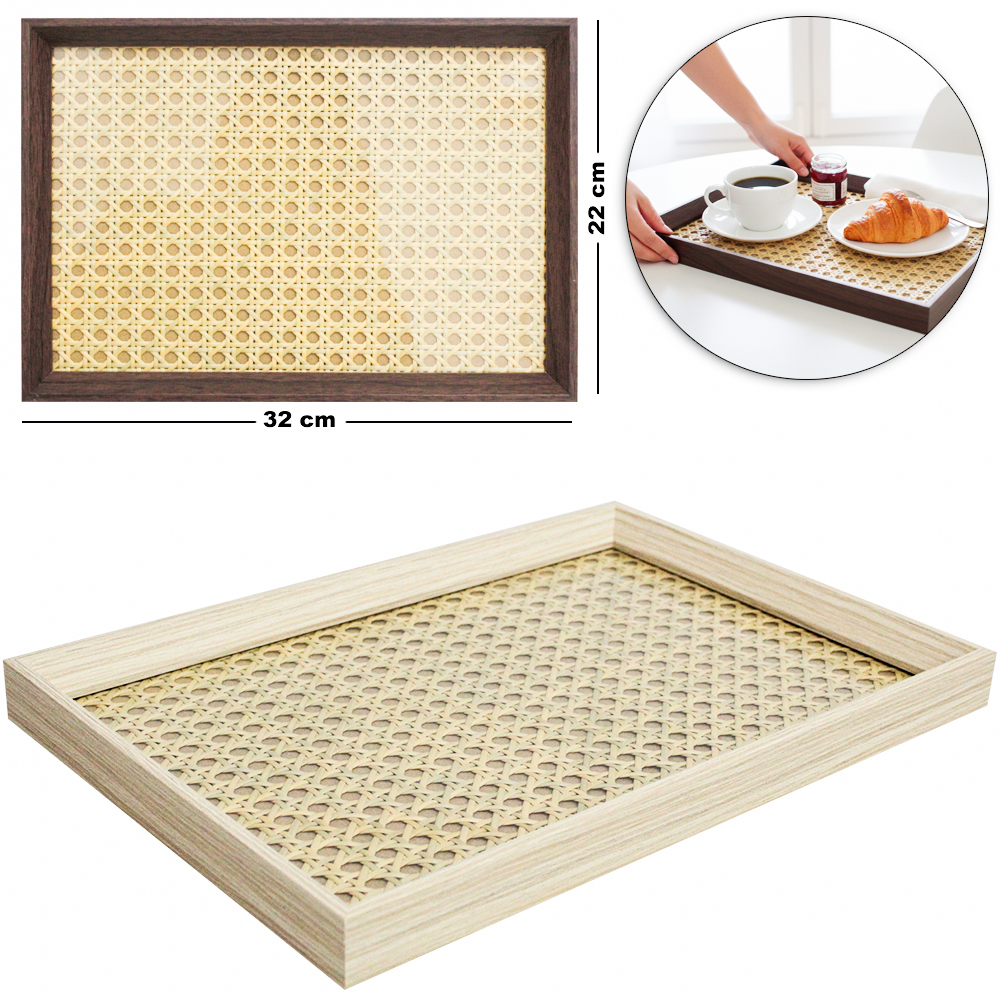 BANDEJA DE MADEIRA MDF COM FUNDO DE VIDRO RETANGULAR DECORATIVA 32X22X2,5CM