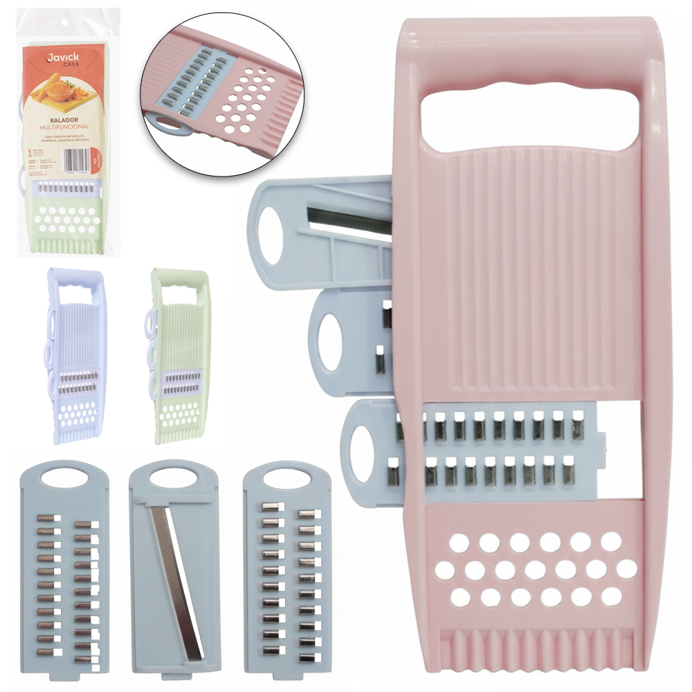 CORTADOR FATIADOR E RALADOR DE FRUTAS / LEGUMES DE INOX / PLASTICO COM 3 LAMINAS 26X11CM