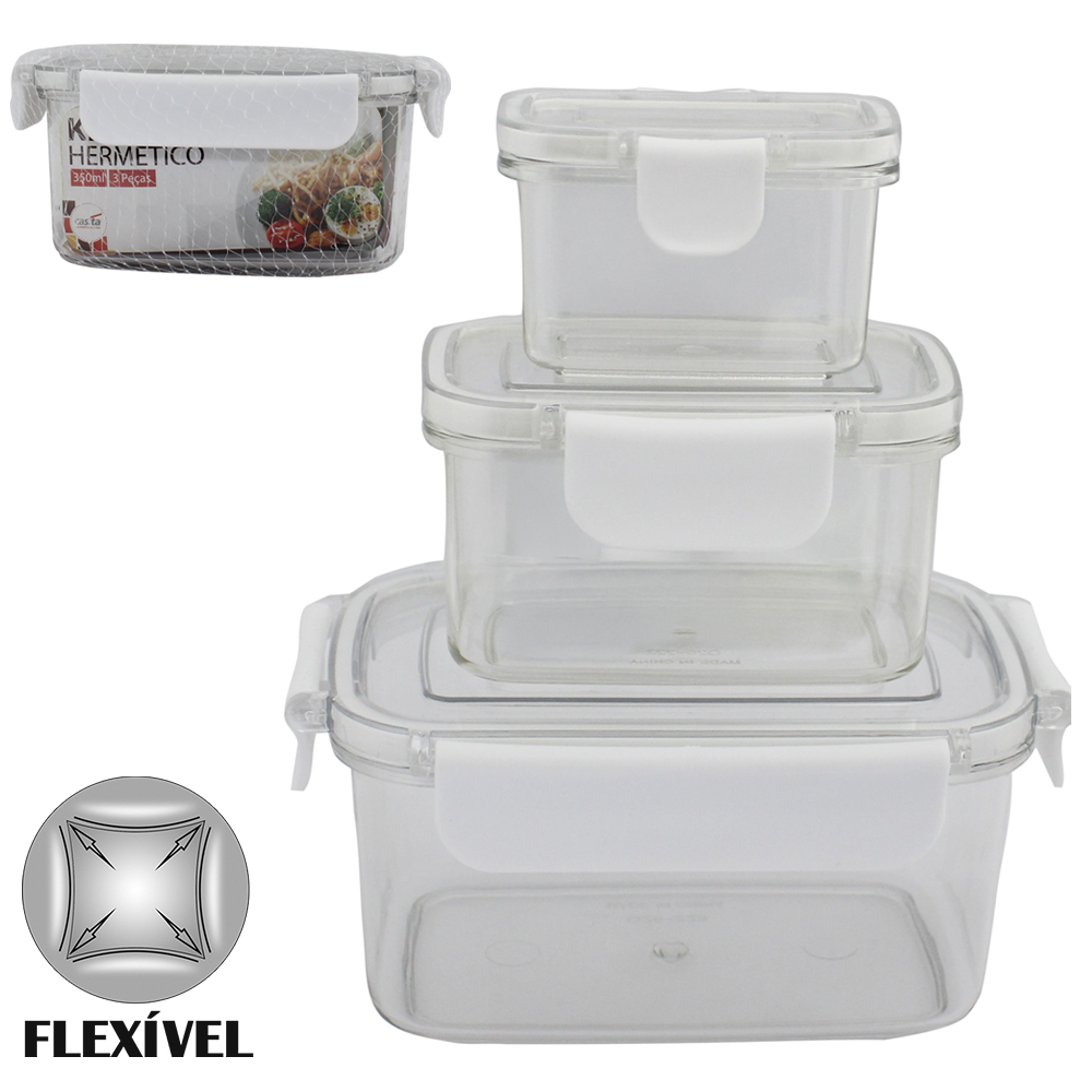 CONJUNTO DE POTE DE PLASTICO PET FLEXIVEL RETANGULAR COM TAMPA HERMETICA E TRAVA 3 PECAS 350/150/50ML