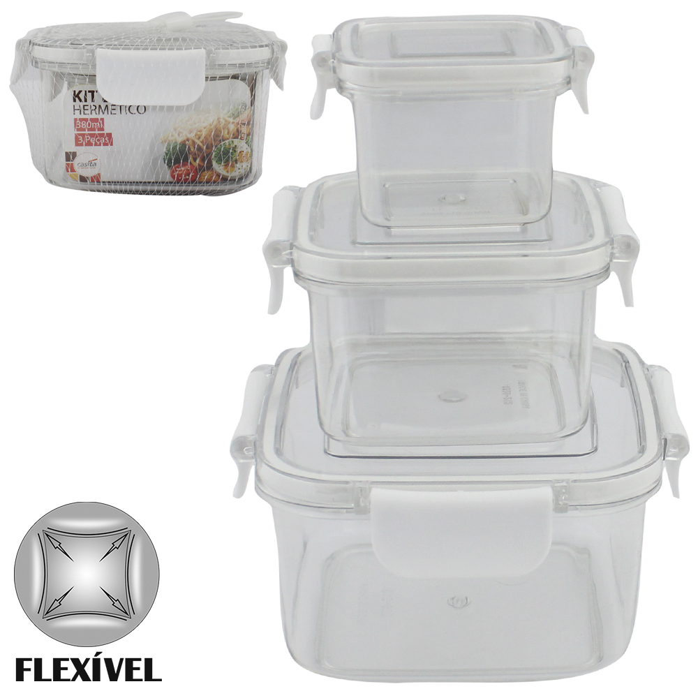 CONJUNTO DE POTE DE PLASTICO PET FLEXIVEL QUADRADO COM TAMPA HERMETICA E TRAVA 3 PECAS 380/160/75ML