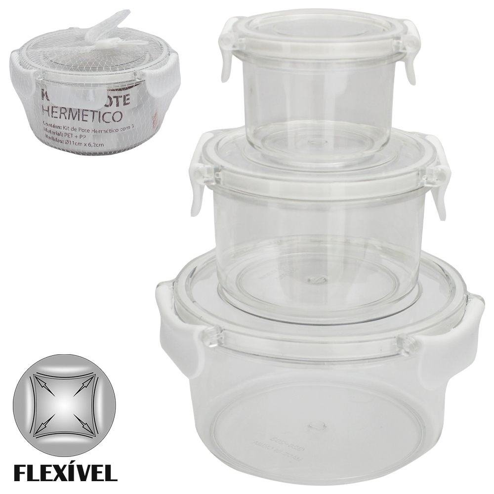 CONJUNTO DE POTE DE PLASTICO PET FLEXIVEL REDONDO COM TAMPA HERMETICA E TRAVA 3 PECAS 360/160/65ML