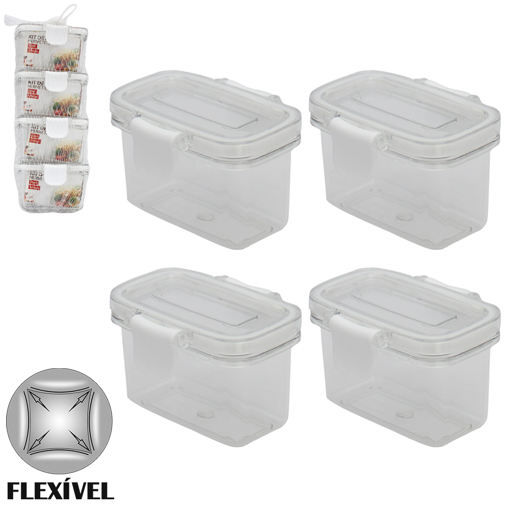 CONJUNTO DE POTE DE PLASTICO PET FLEXIVEL RETANGULAR COM TAMPA HERMETICA E TRAVA 4 PECAS 50ML