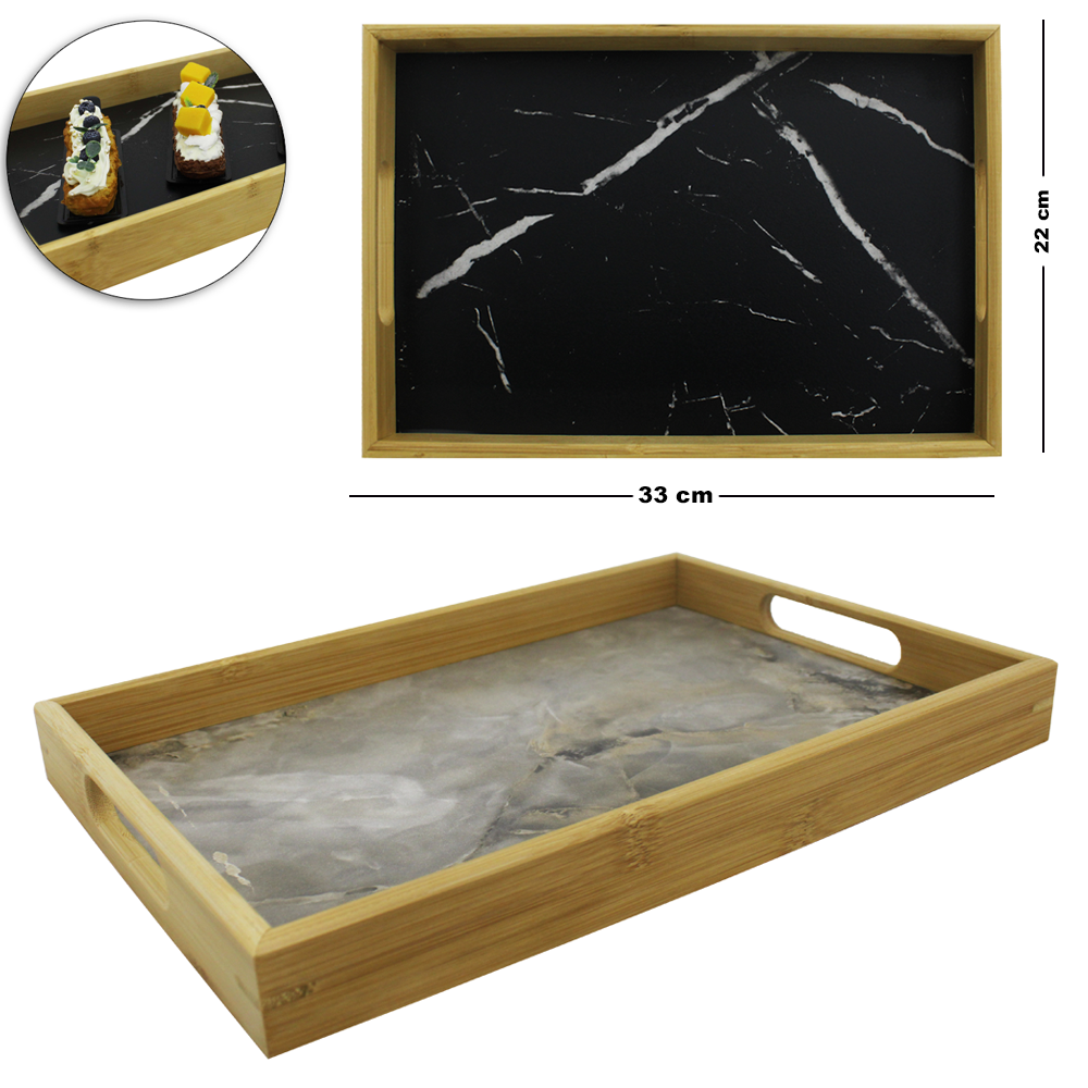 BANDEJA DE BAMBU COM FUNDO MARMORE RETANGULAR PLANA COM ALCA 33X22X3,5CM