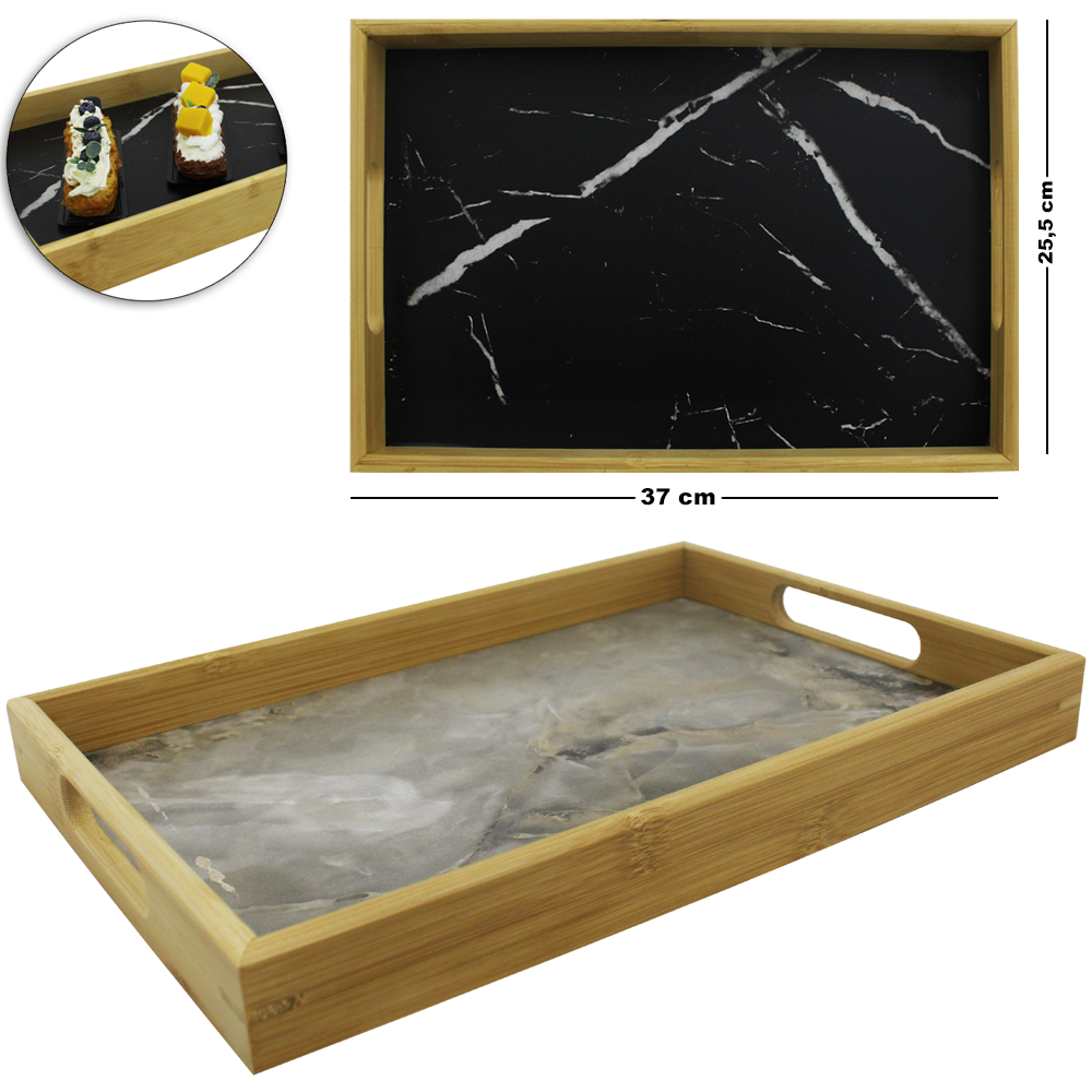 BANDEJA DE BAMBU COM FUNDO MARMORE RETANGULAR PLANA COM ALCA 37X25,5X3,5CM