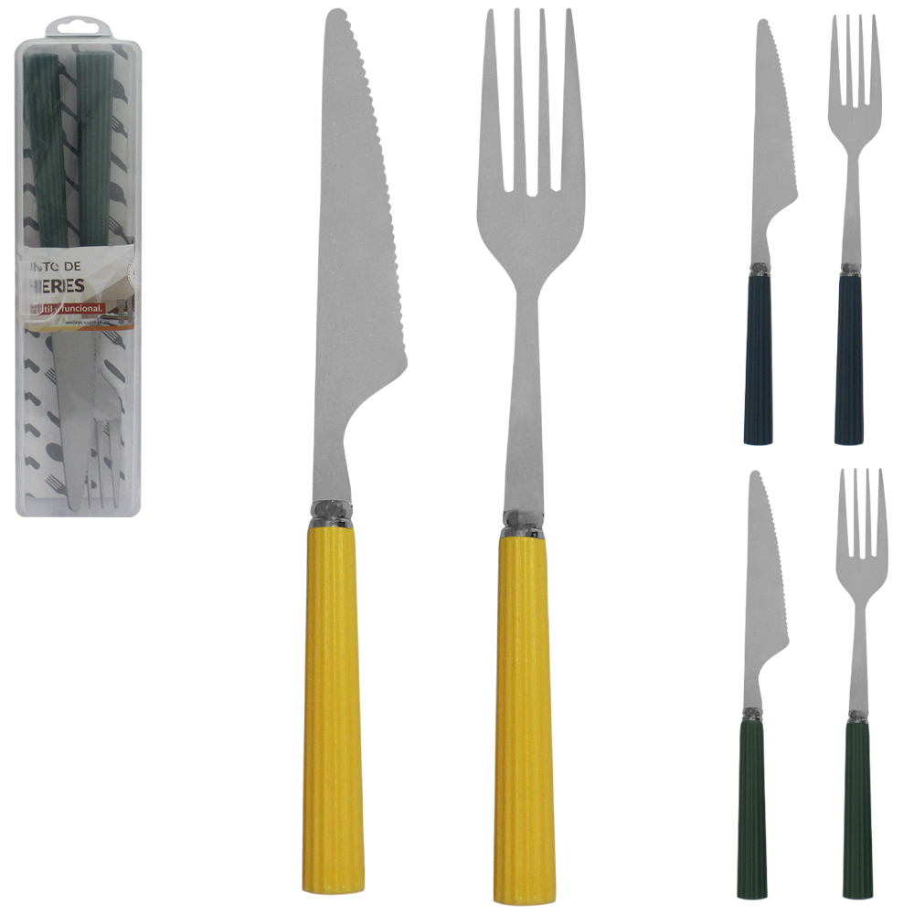 CONJUNTO DE TALHER COM GARFO + FACA DE INOX CABO PLASTICO 2 PECAS NO ESTOJO