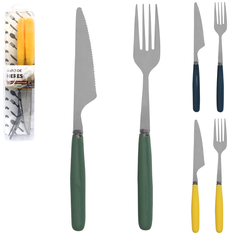 CONJUNTO DE TALHER COM GARFO + FACA DE INOX CABO PLASTICO 2 PECAS NO ESTOJO