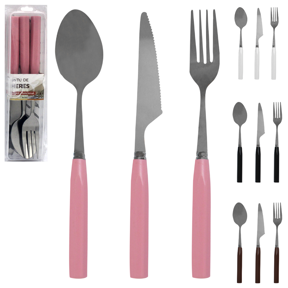 CONJUNTO DE TALHER COM GARFO + FACA E COLHER DE INOX CABO PLASTICO 3 PECAS NO ESTOJO