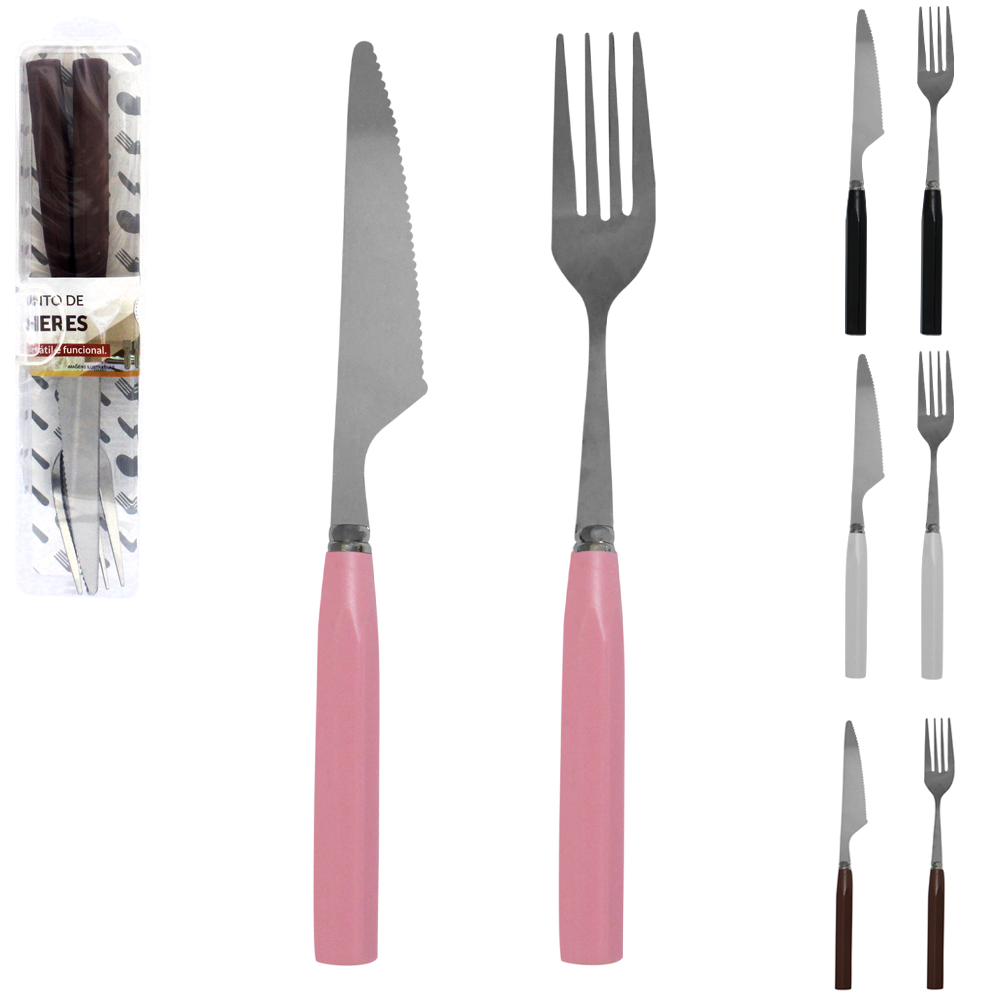 CONJUNTO DE TALHER COM GARFO + FACA DE INOX CABO PLASTICO 2 PECAS NO ESTOJO