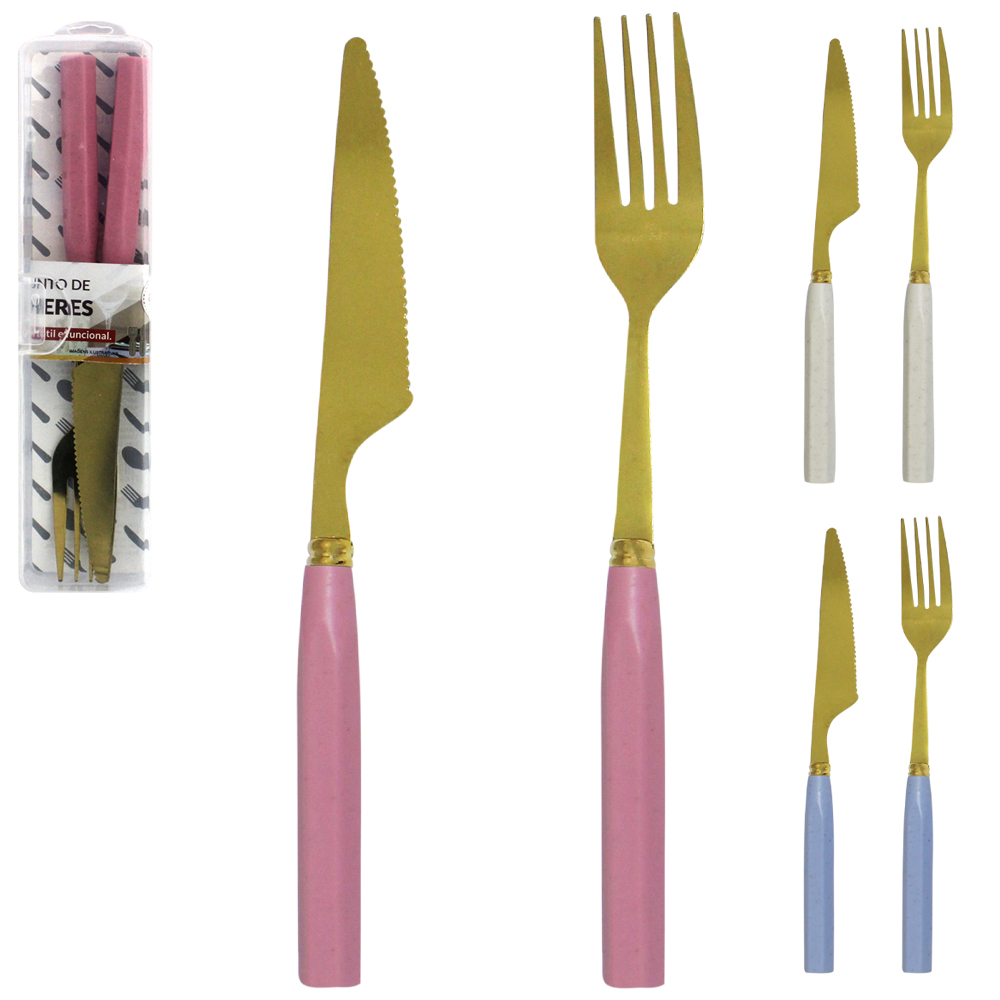 CONJUNTO DE TALHER COM GARFO + FACA DOURADO DE INOX CABO PLASTICO 2 PECAS NO ESTOJO
