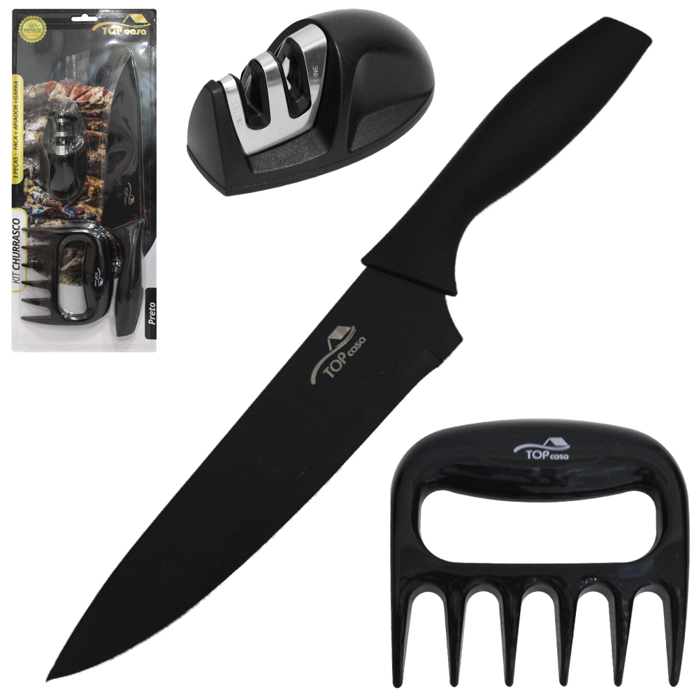 CONJUNTO DE FACA DE CHURRASCO DE INOX 8'' + GARRA DE URSO + AFIADOR AMOLADOR PRETO TOP CASA