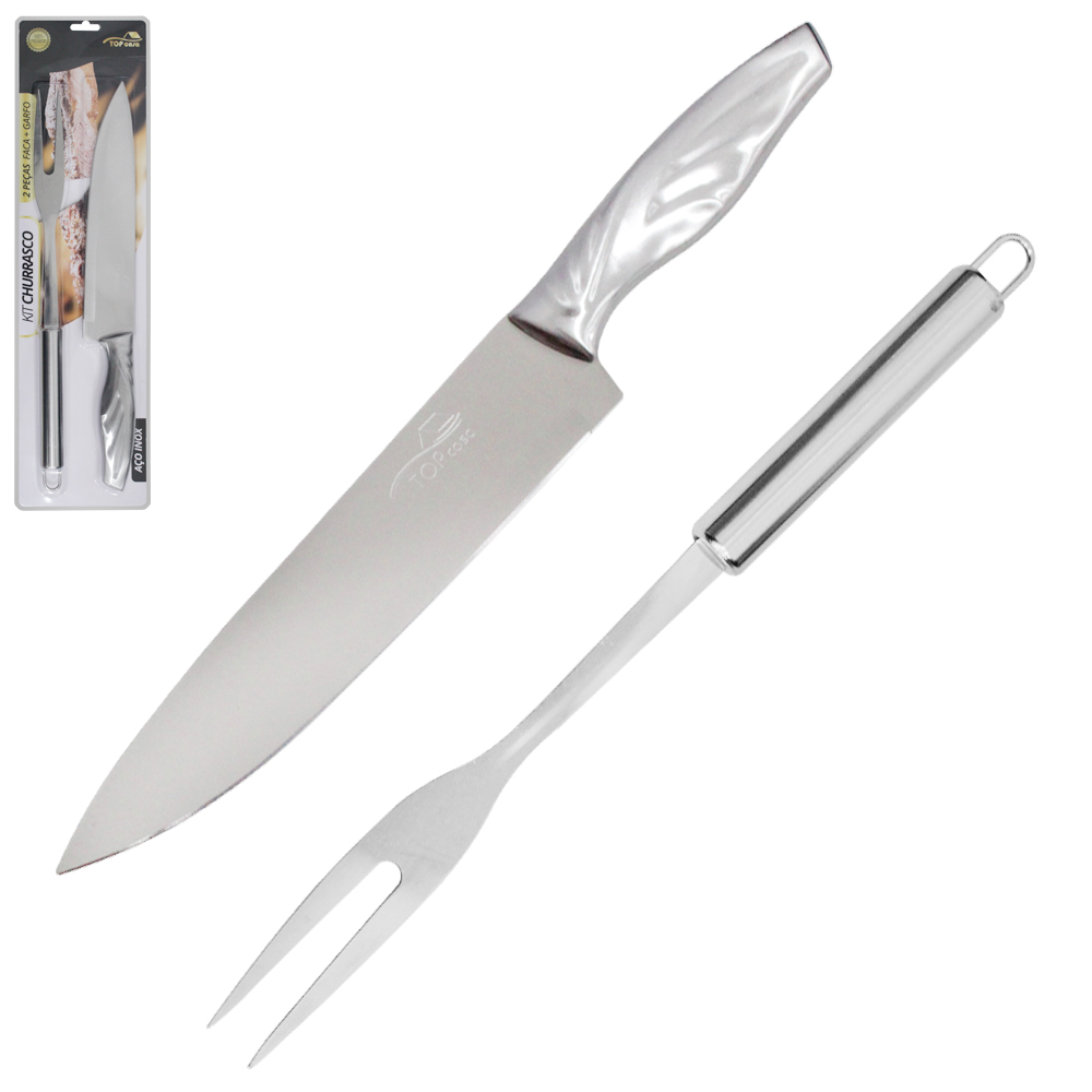 CONJUNTO DE FACA DE CHURRASCO 8'' + GARFO DE INOX 7'' TOP CASA TD