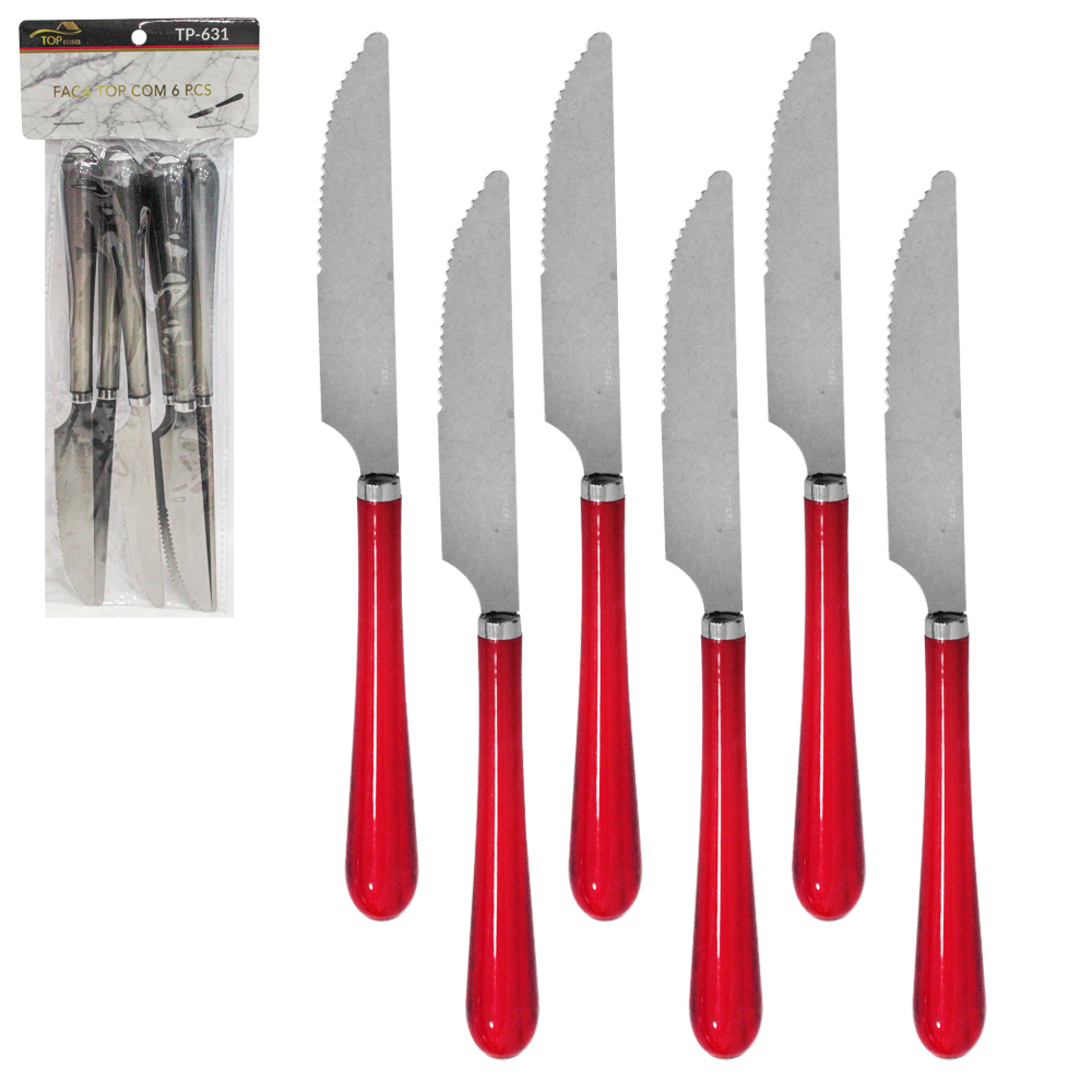 FACA DE MESA DE INOX CABO ACRILICO COM 6 PECAS TOP CASA 19CM