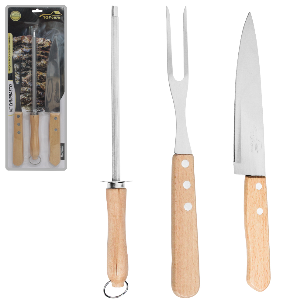 CONJUNTO DE FACA DE CHURRASCO 7'' + GARFO 5,5'' + CHAIRA 7,5'' DE INOX CABO MADEIRA TOP CASA