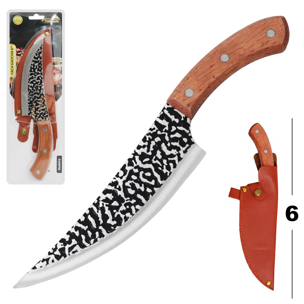 FACA DE CARNE DE INOX COM BAINHA 6'' CABO MADEIRA GAUCHA TOP CASA