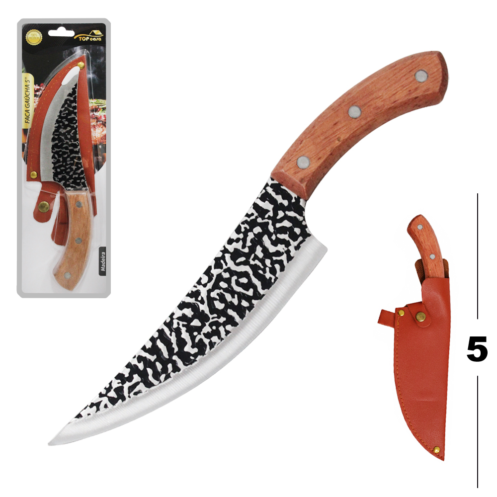 FACA DE CARNE DE INOX COM BAINHA 5'' CABO MADEIRA GAUCHA TOP CASA