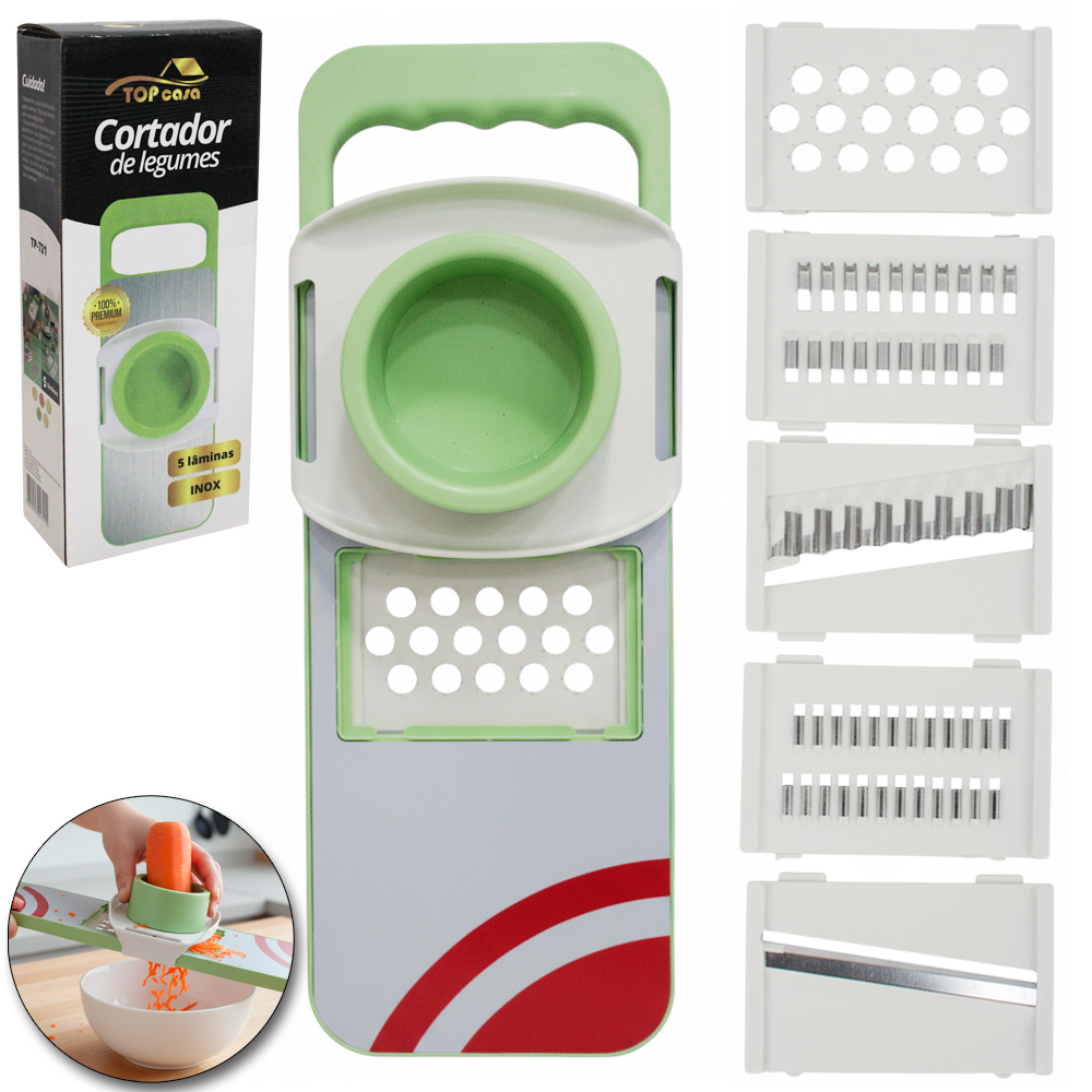 CORTADOR FATIADOR / RALADOR DE FRUTAS / LEGUMES DE INOX / PLASTICO + 5 LAMINAS TOP CASA