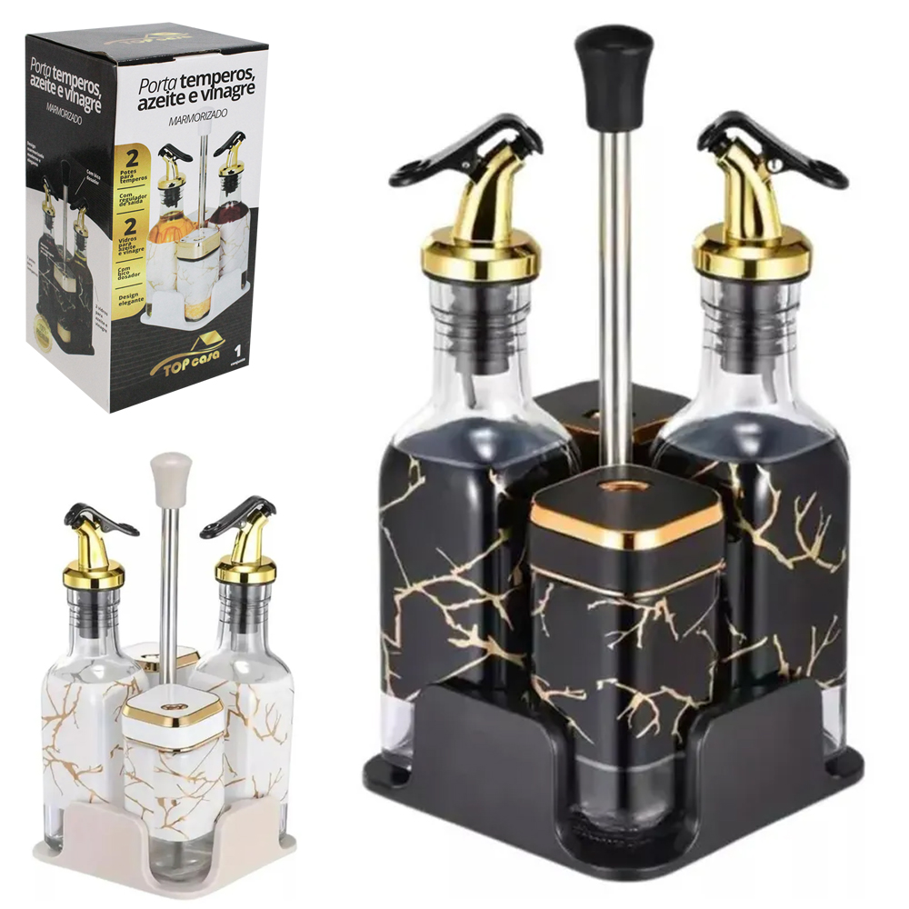 GALHETEIRO DE VIDRO COM 4 PECAS 200/100ML MARMORIZADO + SUPORTE PRETO / BRANCO TOP CASA