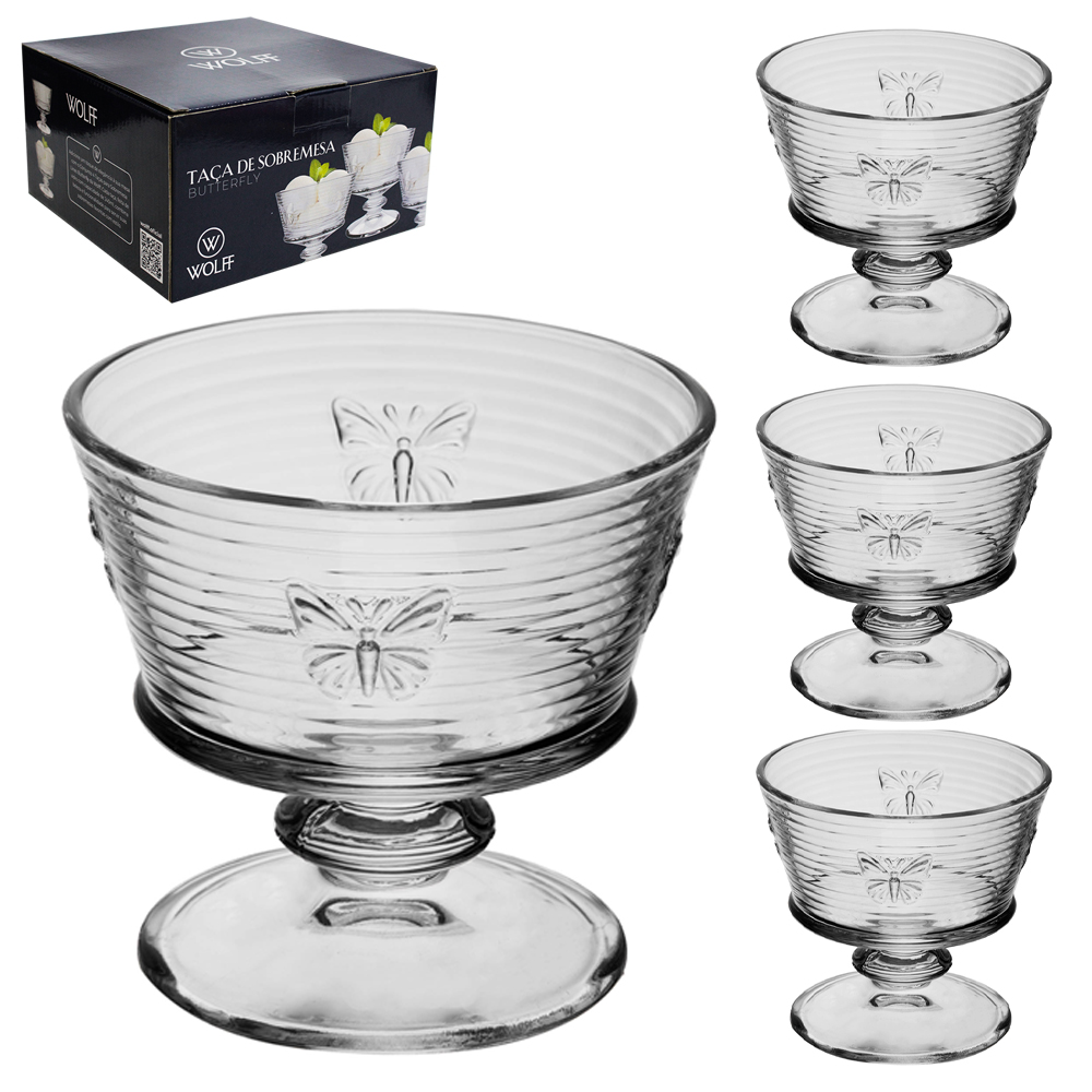 JOGO DE TACA DE VIDRO REDONDA PARA SOBREMESA BUTTERLFY COM 4 PECAS 240ML WOLFF