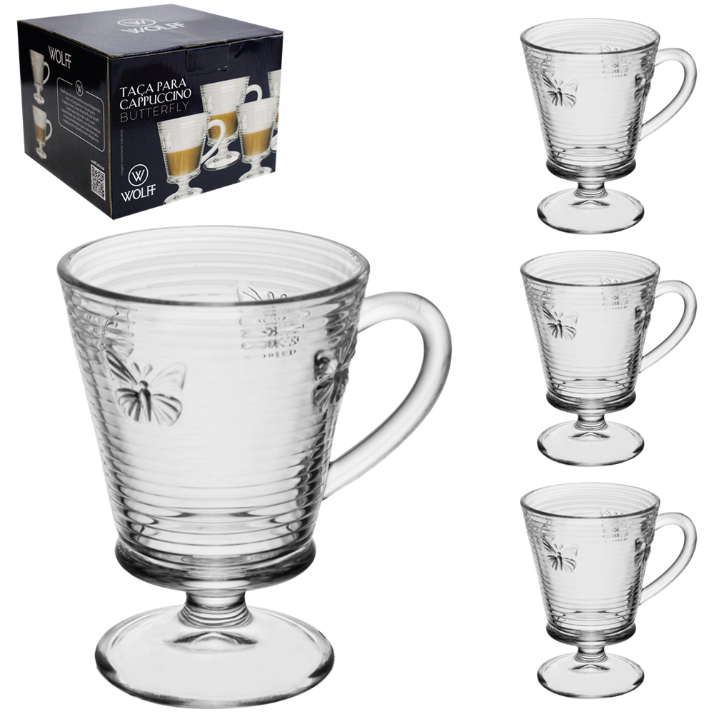 JOGO DE CANECA XICARA DE VIDRO PARA CAFE / CAPPUCCINO BUTTERFLY COM 4 PECAS 240ML WOLFF