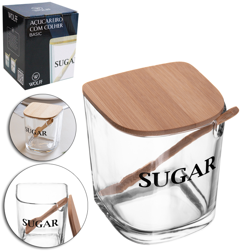 ACUCAREIRO / PORTA CONDIMENTO DE VIDRO BASIC COM TAMPA + COLHER DE BAMBU 350ML WOLFF