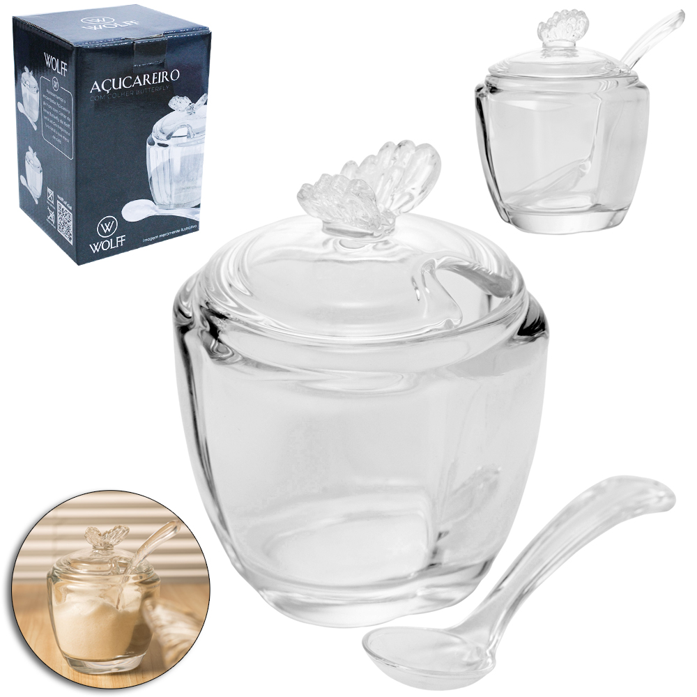 ACUCAREIRO / PORTA CONDIMENTO DE VIDRO BUTTERFLY COM TAMPA + COLHER DE ACILICO 150ML WOLFF