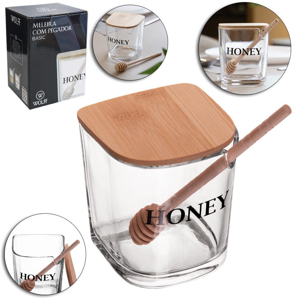 PORTA MEL / MELEIRA DE VIDRO COM PEGADOR / TAMPA DE BAMBU BUTTERFLY 350ML 11X9CM WOLFF