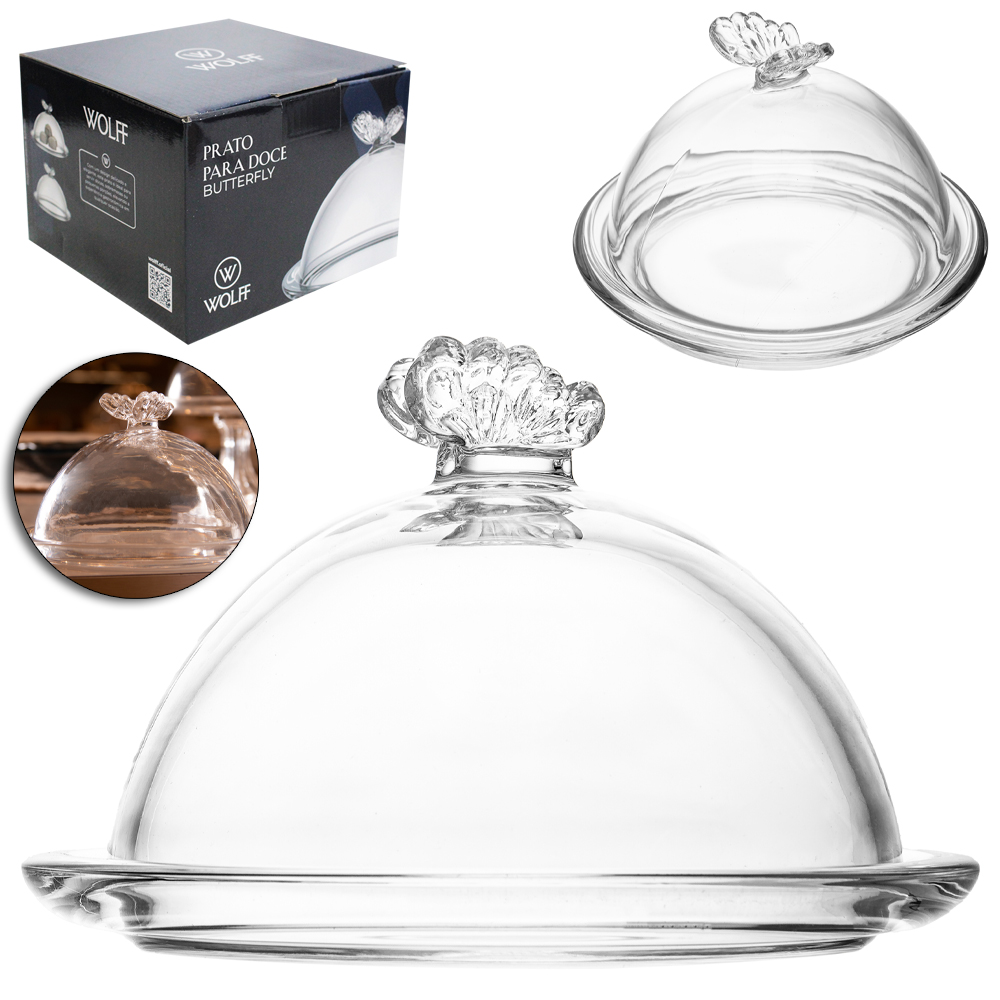 PRATO PARA DOCE / QUEIJEIRA DE VIDRO COM TAMPA BUTTERFLY 15X15CM DE Ø WOLFF