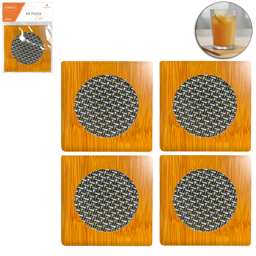 DESCANSO PORTA COPO DE MADEIRA MDF QUADRADO 4 PECAS 9CM CAERUS HOME