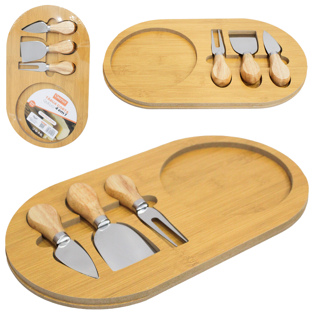 CONJUNTO PARA QUEIJO E FRIOS COM FACA + GARFO + ESPATULA DE INOX E TABUA MADEIRA MDF 33X19X1,2CM