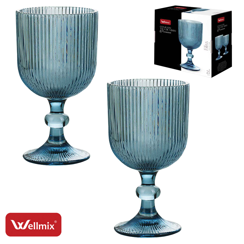 JOGO DE TACA DE VIDRO PARA AGUA / VINHO AZUL PREMIUM BLISS COLLECTION COM 2 PECAS 255ML
