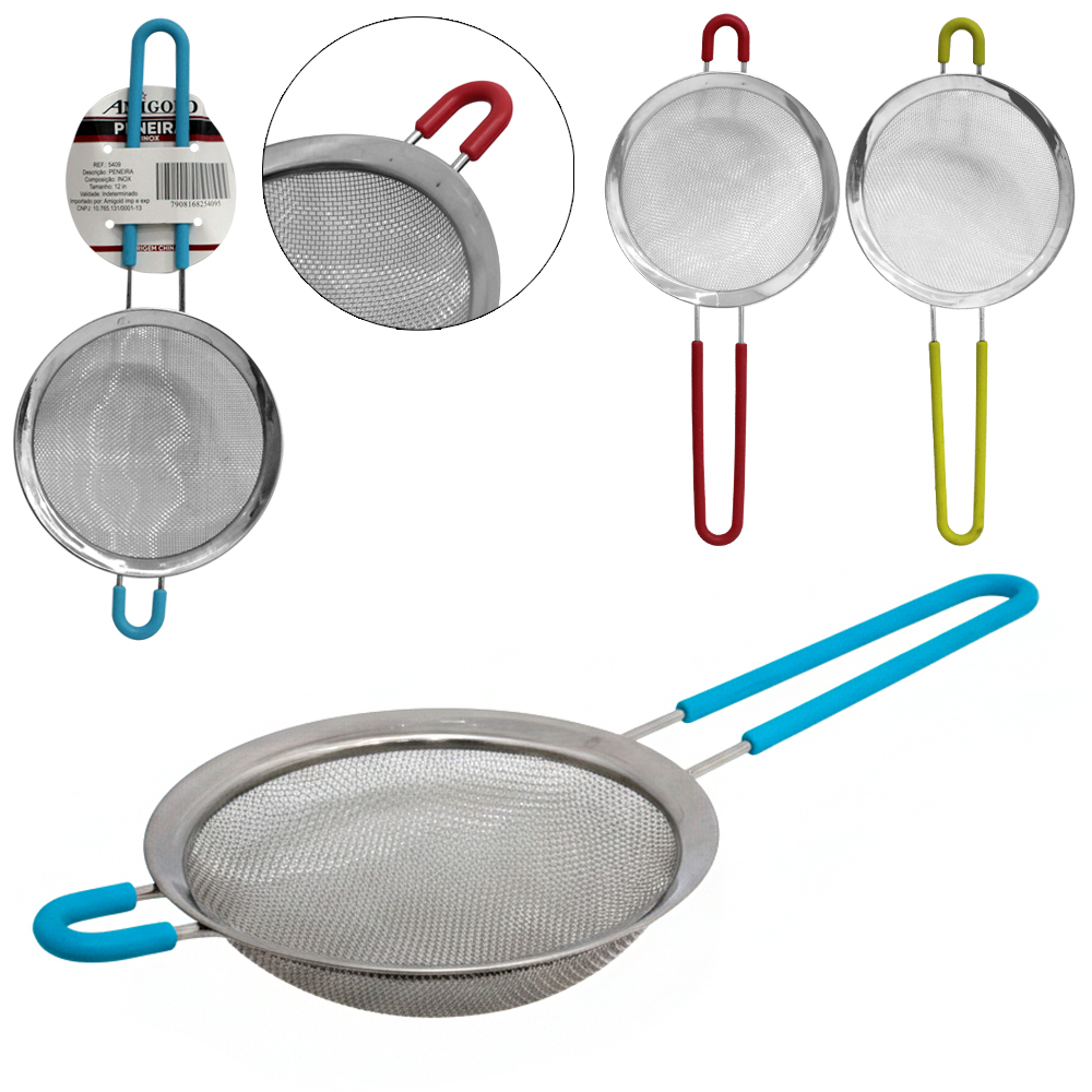 PENEIRA COADOR DE INOX CABO REVESTIDO DE SILICONE 28X12CM DE Ø