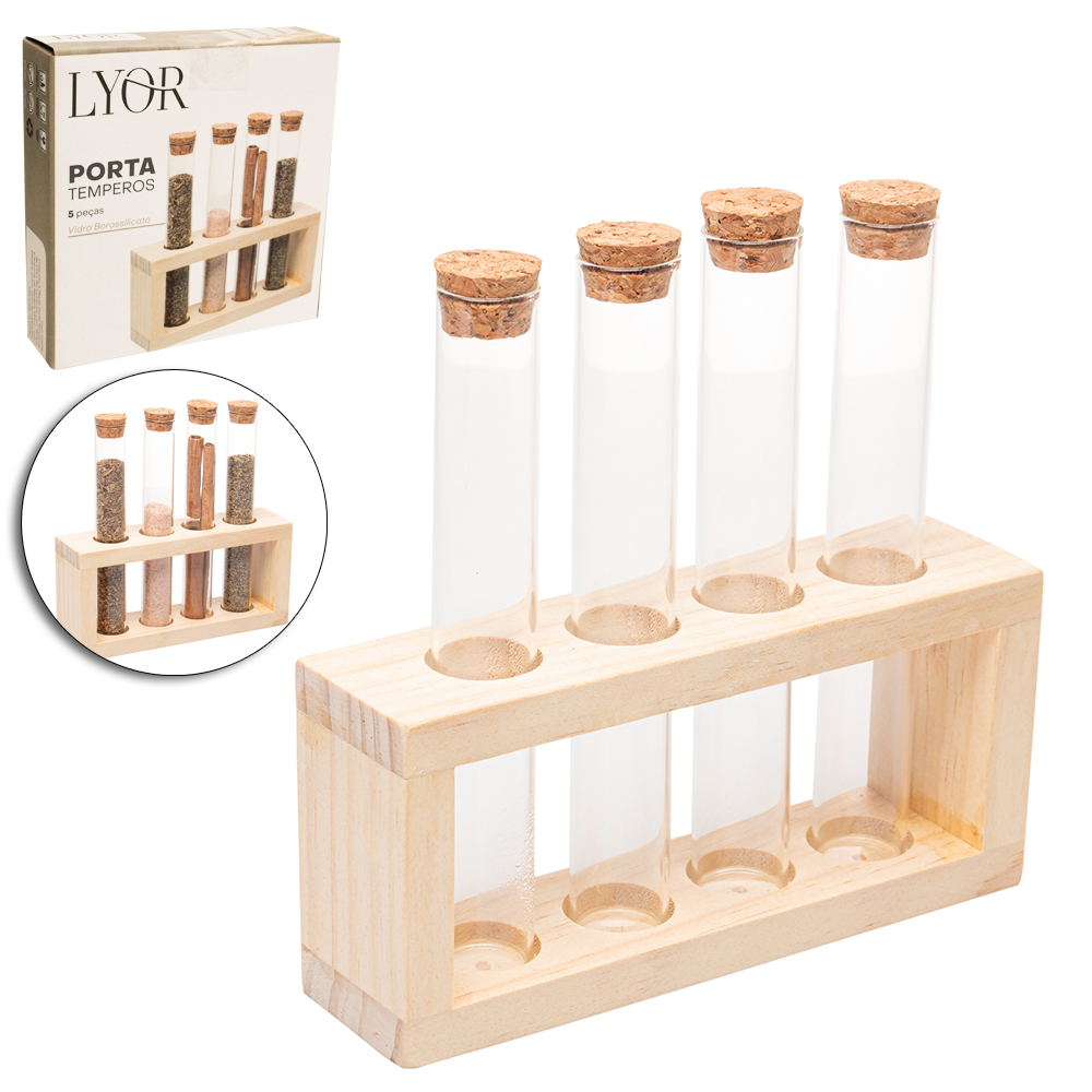 PORTA CONDIMENTO / TEMPEROS DE VIDRO BOROSSILICATO COM 4 PECAS 130ML + SUPORTE DE MADEIRA MDF 15X7X4CM
