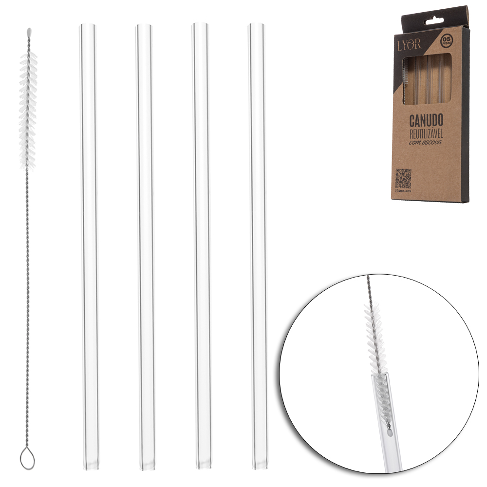 CANUDO DE VIDRO RETO REUTILIZAVEL 4 PECAS + ESCOVA HIGIENICA