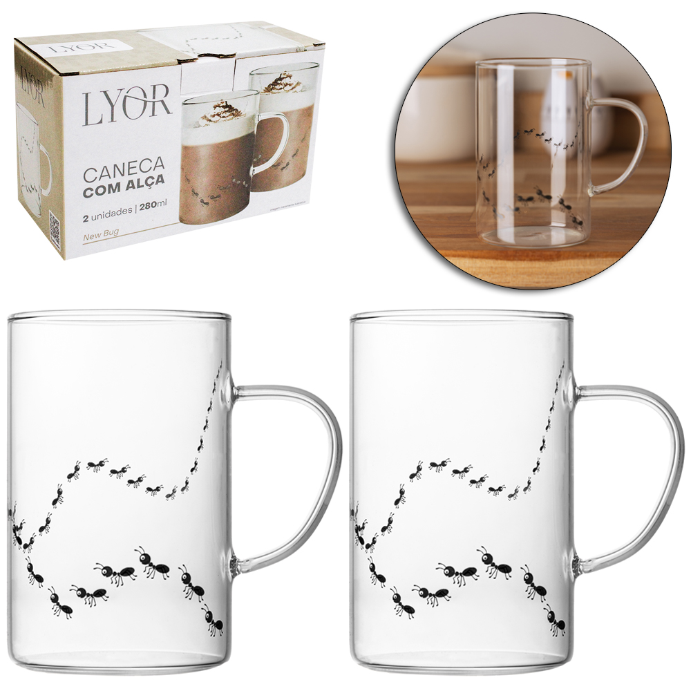 JOGO DE CANECA DE VIDRO BOROSSILICATO PARA CAFE / CAPPUCCINO FORMIGUINHA COM 2 PECAS 280ML