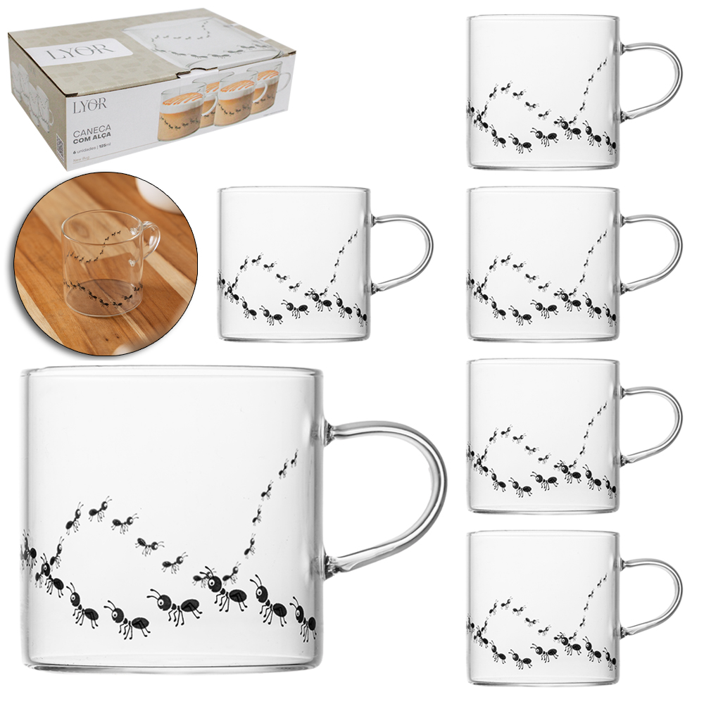 JOGO DE CANECA XICARA DE VIDRO BOROSSILICATO PARA CAFE / CAPPUCCINO FORMIGUINHA COM 6 PECAS 125ML