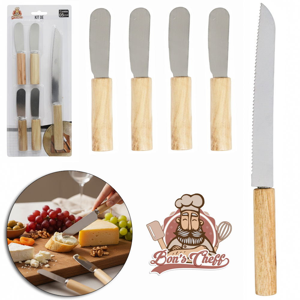 ESPATULA PATE / MANTEIGA 4 PECAS + FACA DE PAO INOX CABO DE MADEIRA BONS CHEFF