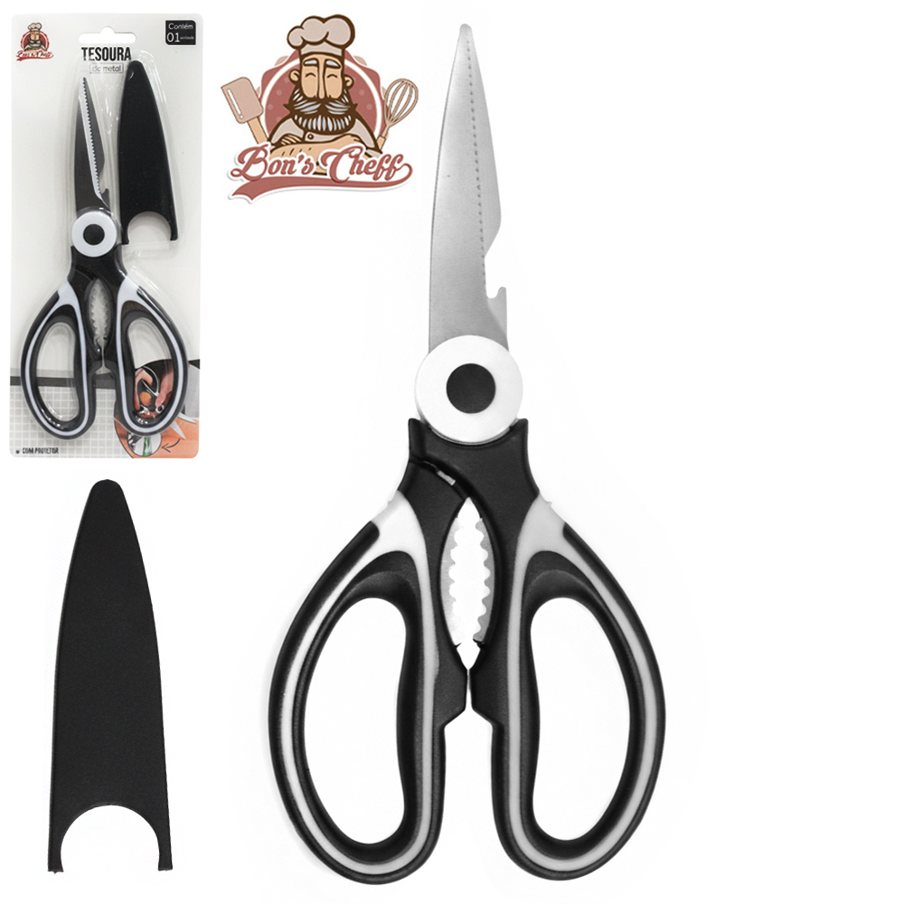 TESOURA MULTIUSO DE INOX 8'' 21CM COM PROTETOR CABO PRETO