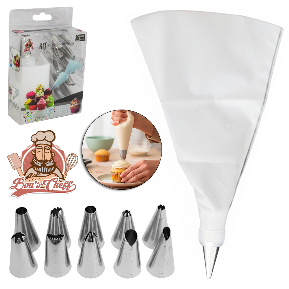 DECORADOR DE BOLO SACO DE PLASTICO PARA CONFEITAR COM 12 BICOS DE INOX BONS CHEFF