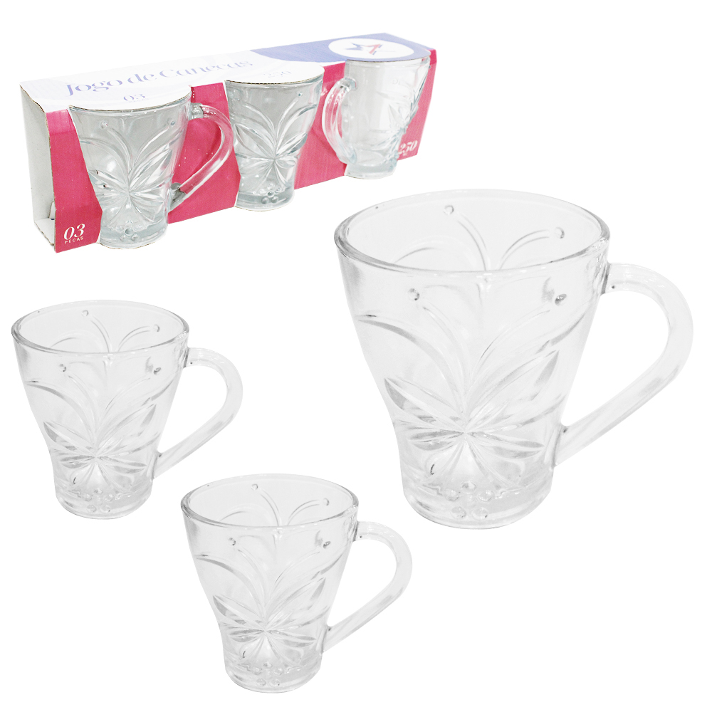 JOGO DE CANECA XICARA DE VIDRO PARA CAFE / CAPPUCCINO COM 3 PECAS 250ML