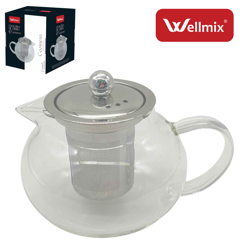 CHALEIRA DE VIDRO BOROSSILICATO COM INFUSOR E TAMPA DE INOX COZINESS 650ML