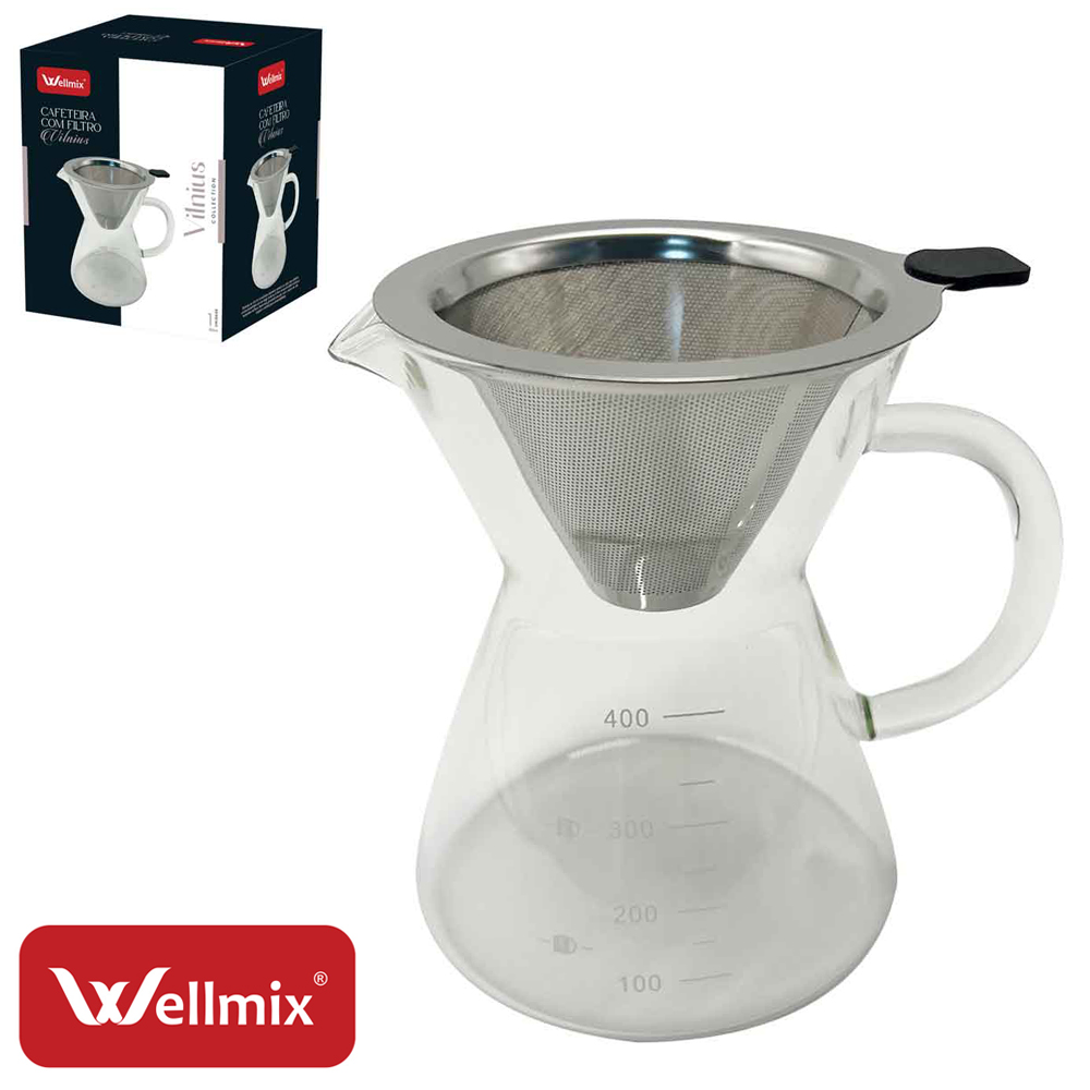CAFETEIRA DE VIDRO BOROSSILICATO GRADUADO COM FILTRO / COADOR DE INOX VILNIUS 400ML