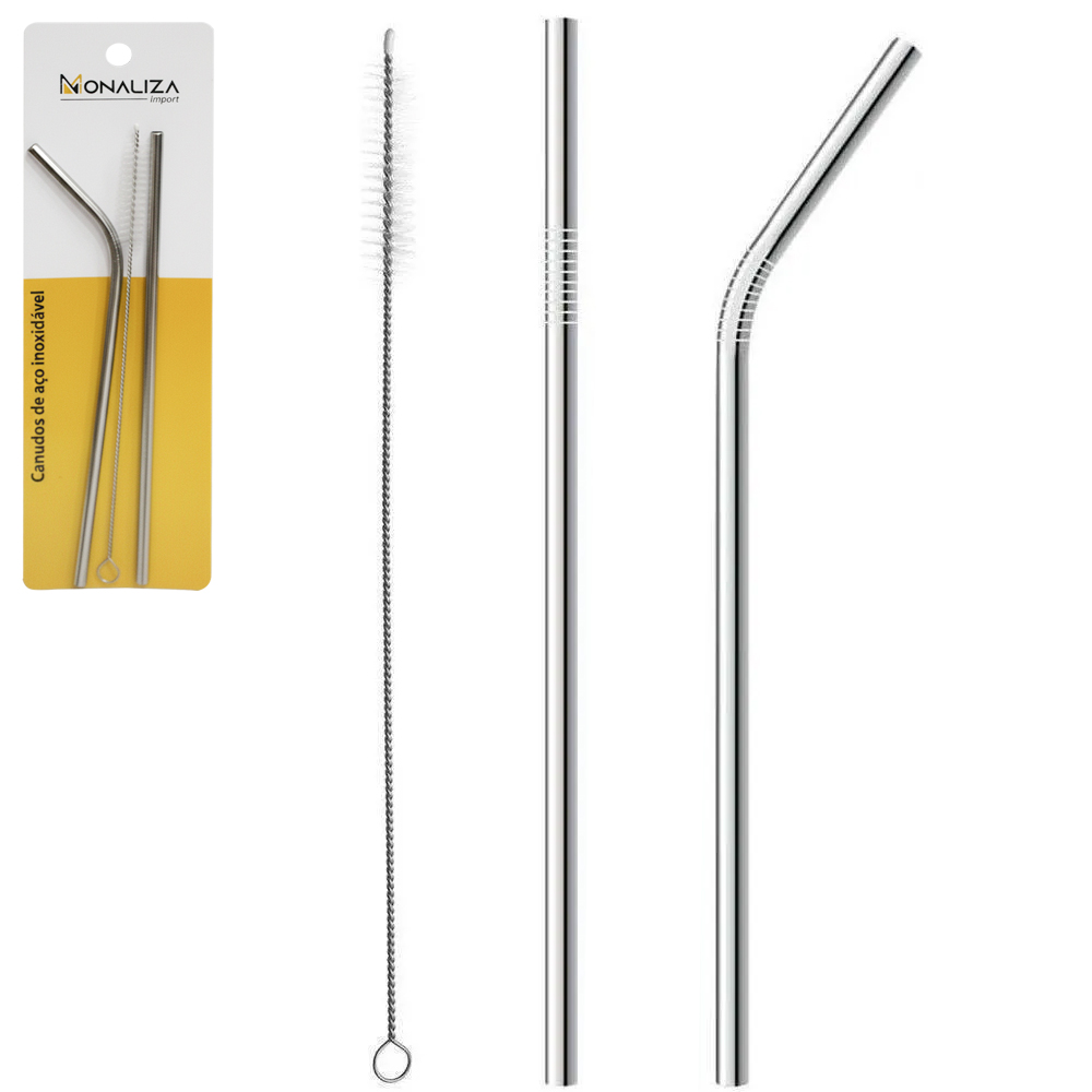 CANUDO RETO / CURVADO REUTILIZAVEL DE INOX COM 2 PECAS + ESCOVA HIGIENICA