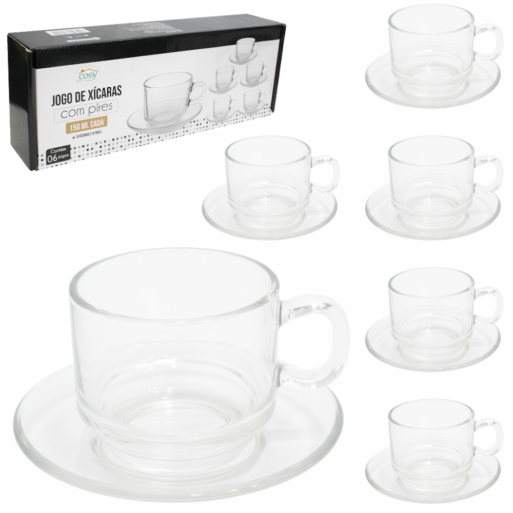 JOGO DE XICARA DE VIDRO COM PIRES PARA CHA 12 PECAS 150ML
