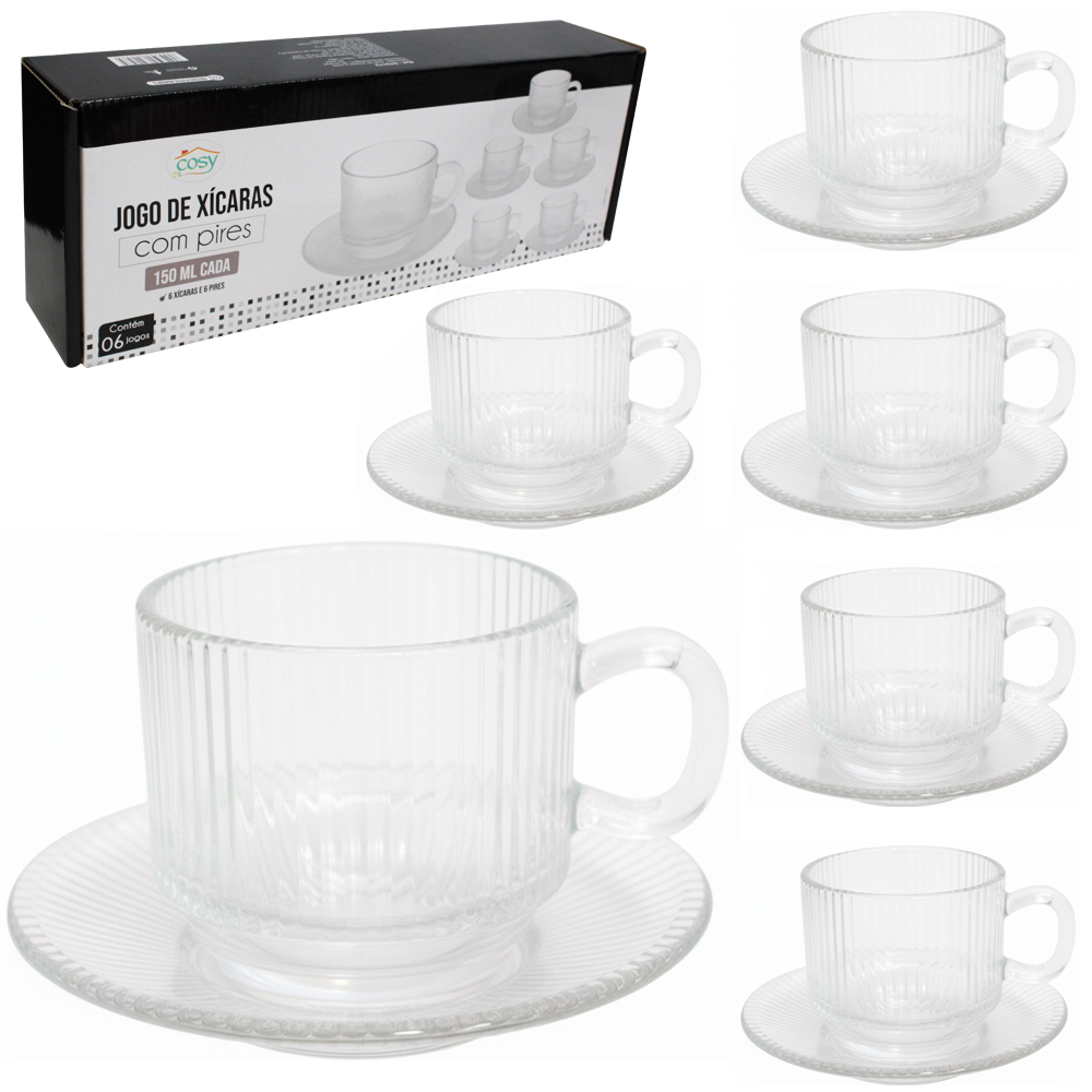 JOGO DE XICARA DE VIDRO COM PIRES PARA CHA 12 PECAS 150ML