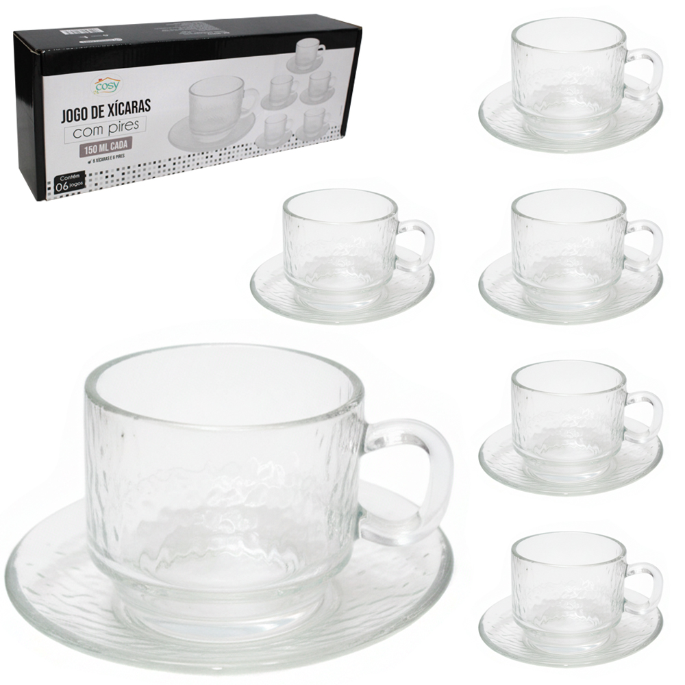 JOGO DE XICARA DE VIDRO COM PIRES PARA CHA 12 PECAS 150ML