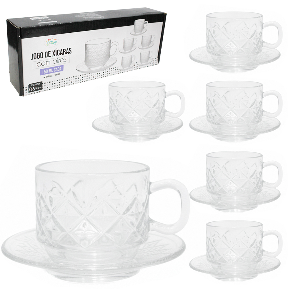 JOGO DE XICARA DE VIDRO COM PIRES PARA CHA 12 PECAS 150ML
