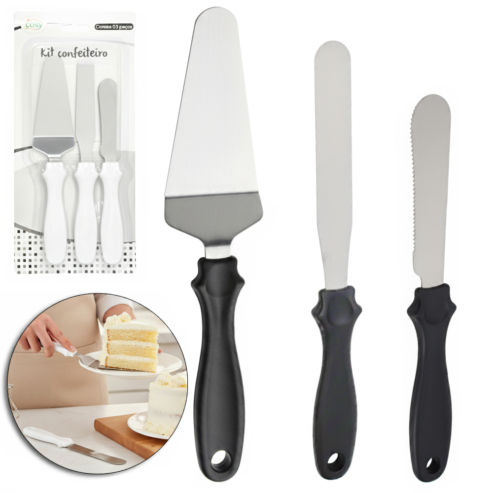 ESPATULA DE COZINHA / CONFEITEIRO DE INOX CABO PLASTICO COM 3 PECAS